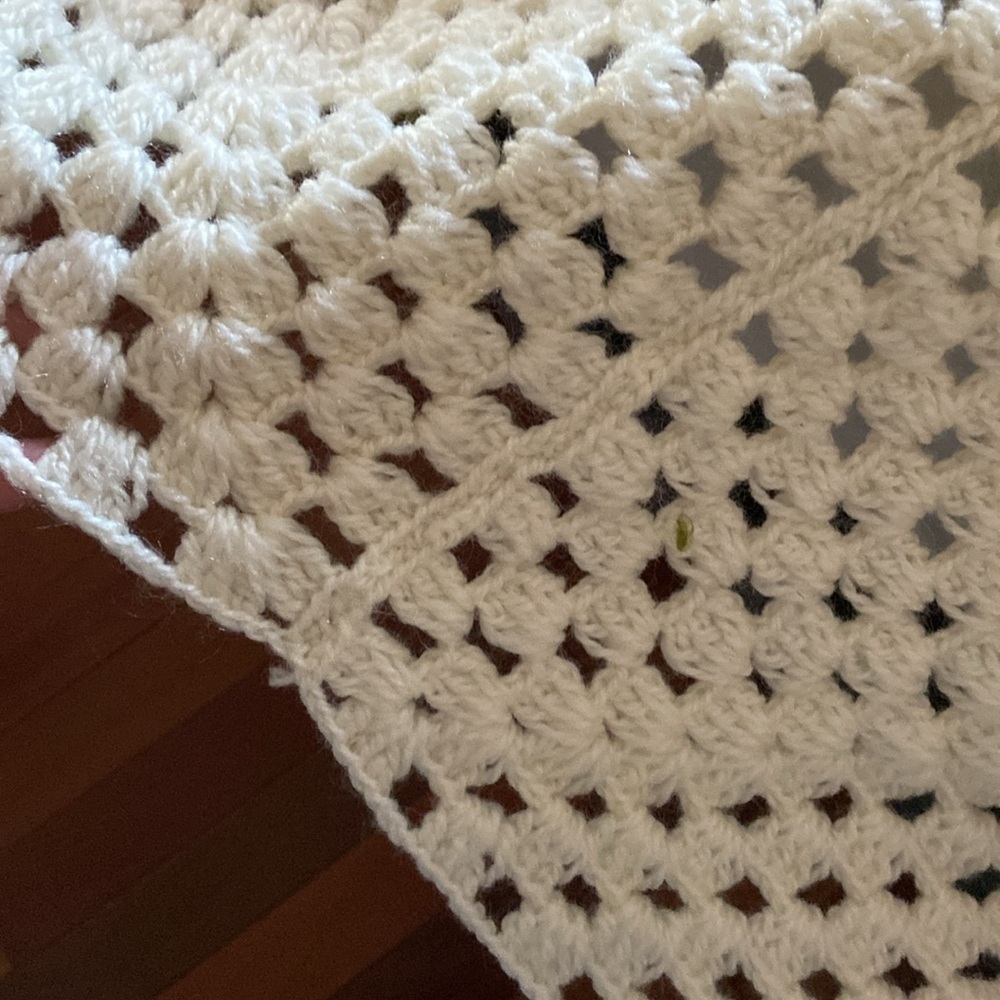 Handmade Crocheted Beige With Pink Flowers Afghan  Cottagecore Shabby Chic - Picture 4 of 6